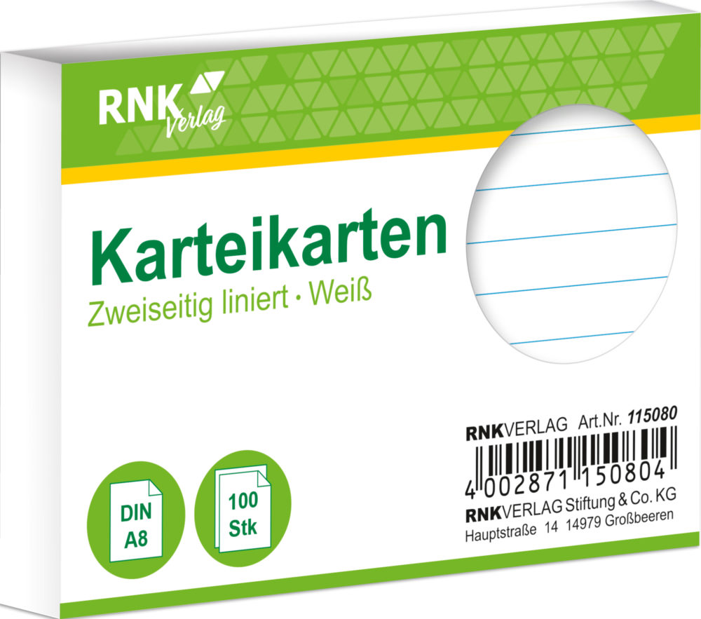100 Karteikarten DIN A5 weiß blanko - RNK Verlag