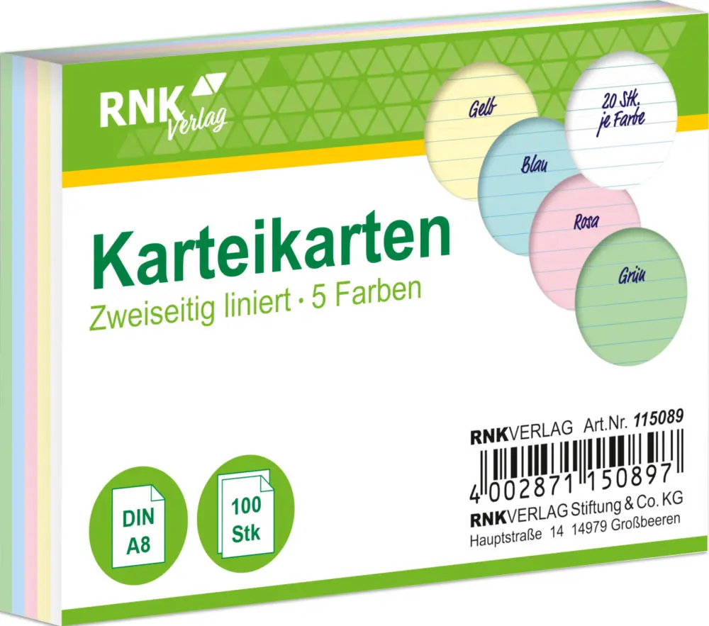 100 Karteikarten DIN A8 farbig sortiert liniert