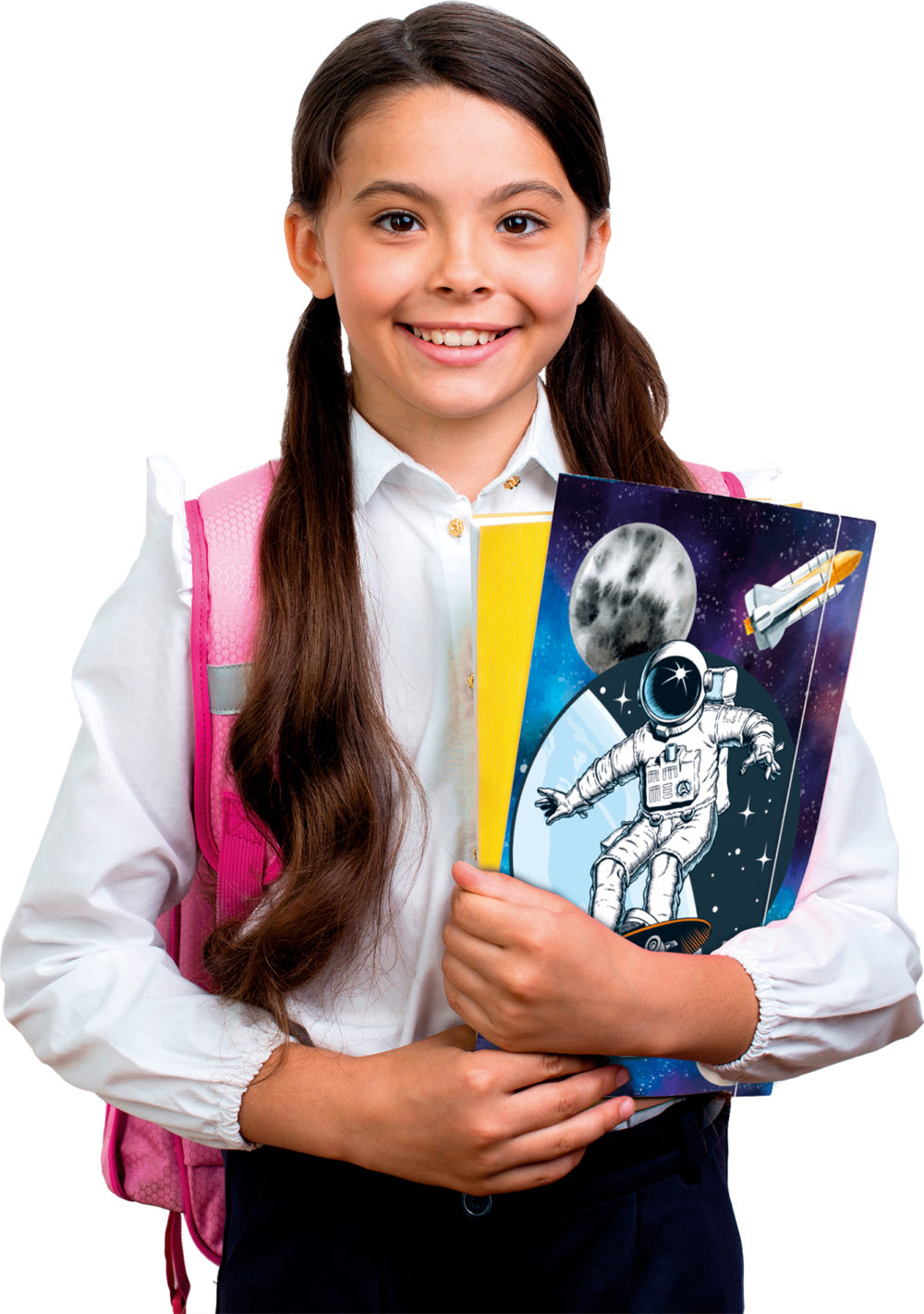Schulmädchen mit der Sammelmappe "Skatonaut"