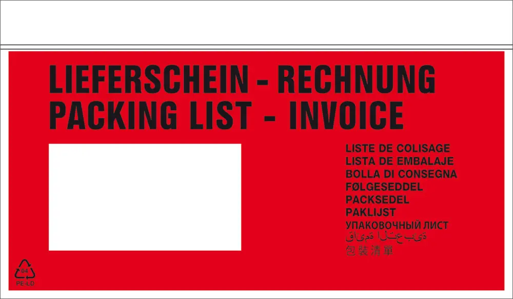 Begleitpapiertasche mit Aufdruck in Rot mit Aufschrift Lieferschein