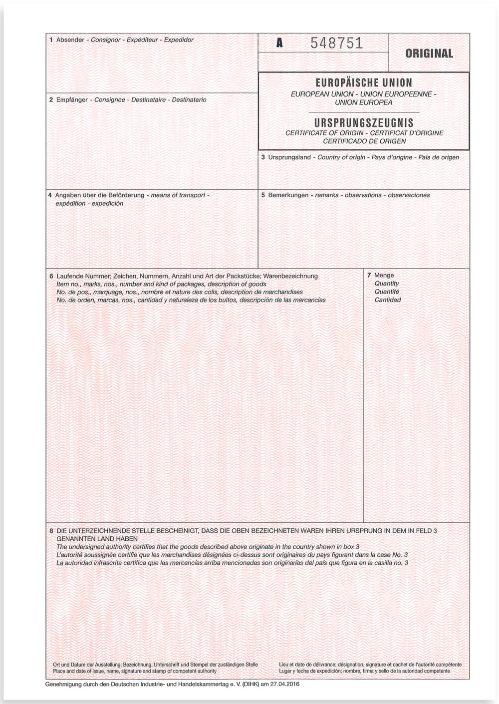 50 Ursprungszeugnisse roter Vordruck