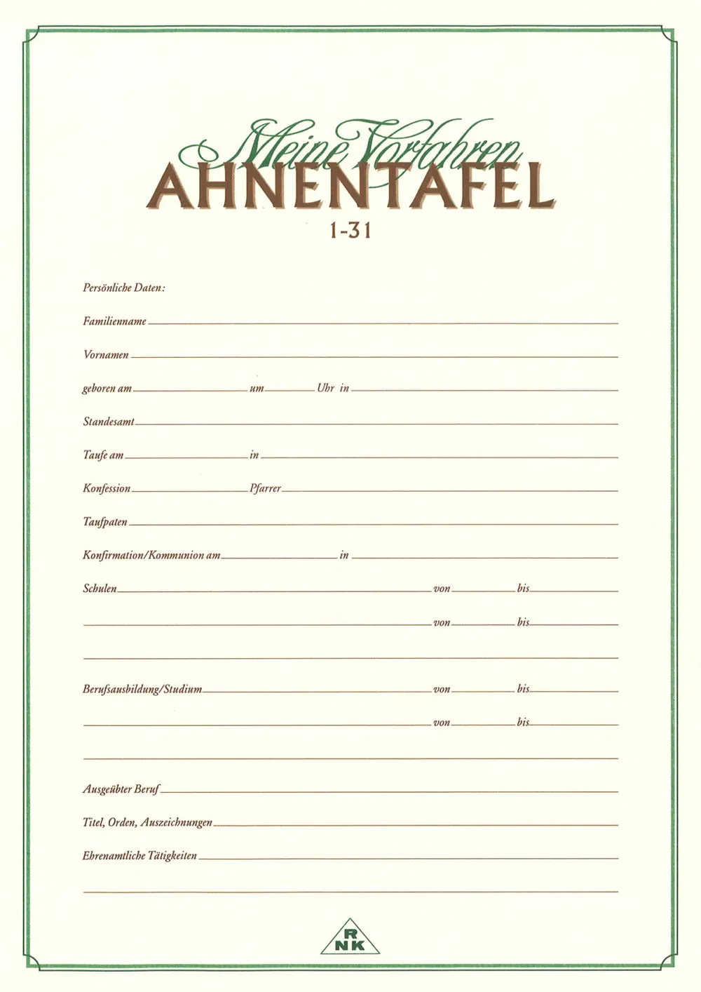 Ahnentafel "Meine Vorfahren" für 5 Generationen