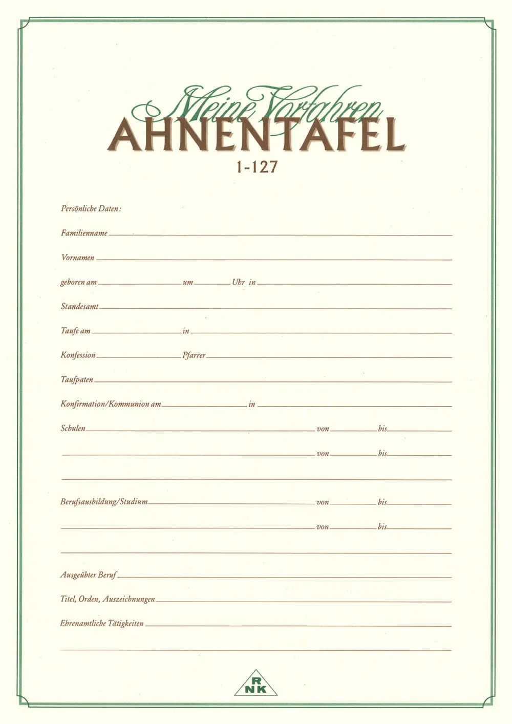 Ahnentafel "Meine Vorfahren" für 7 Generationen