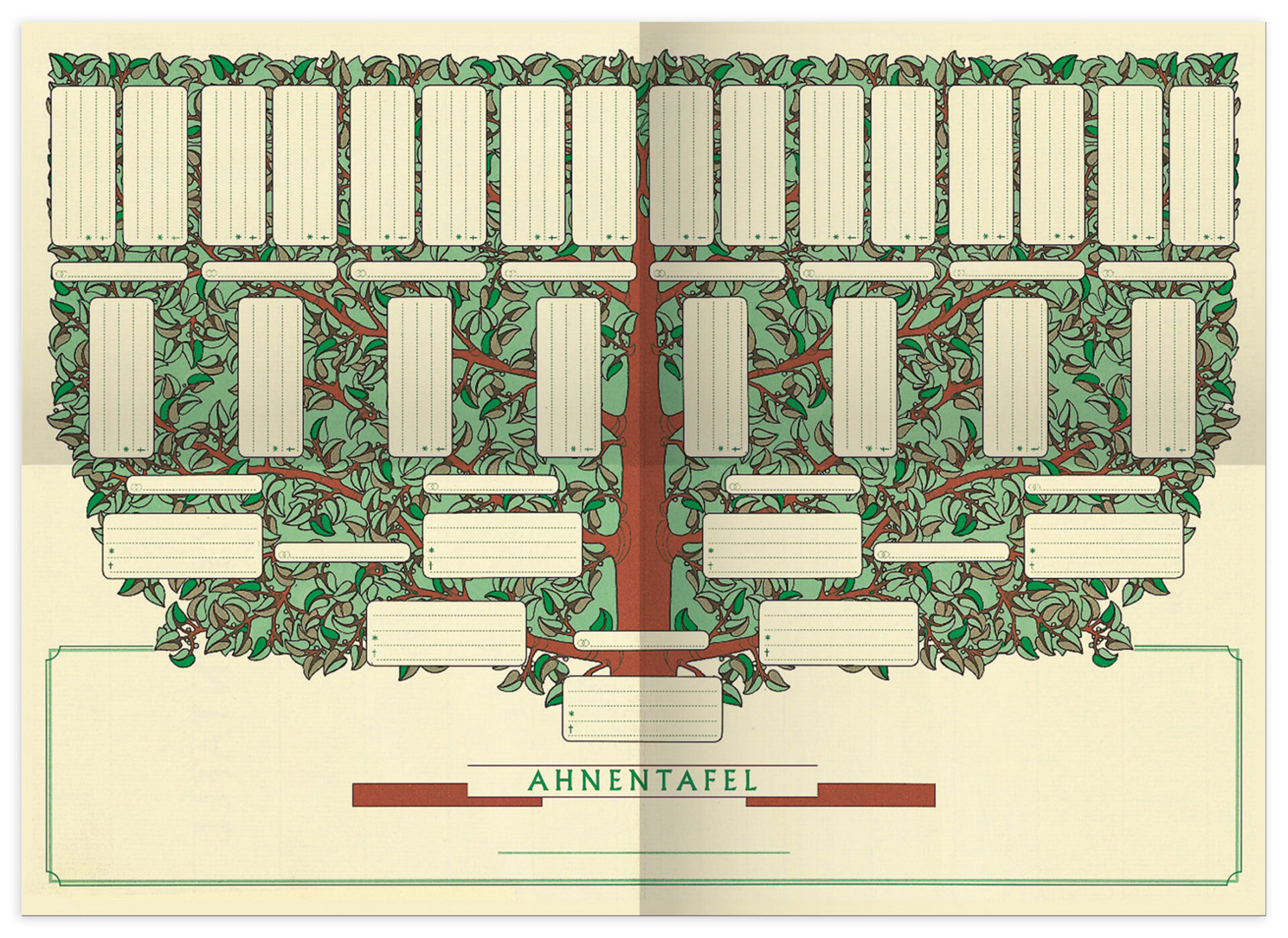 Darstellung der Ahnentafel "Kleiner Baum" im aufgeklappten Zustand mit einer Baumgrafik