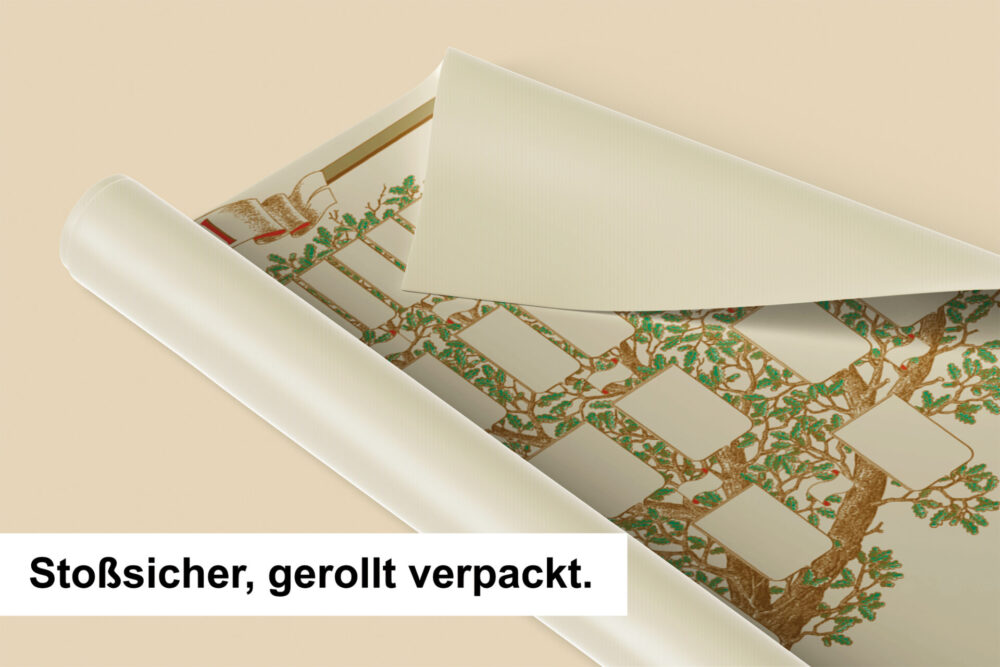Eingerollte Darstellung der Ahnentafel mit Texthinweis " Stoßsicher, gerollt verpackt"