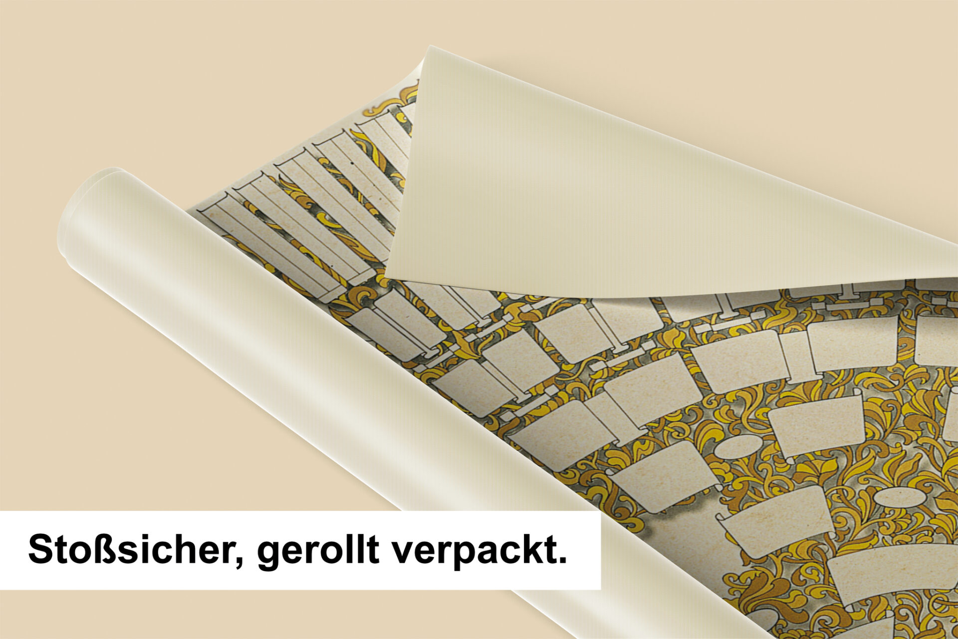 Eingerollte Darstellung der Ahnentafel mit Texthinweis " Stoßsicher, gerollt verpackt"