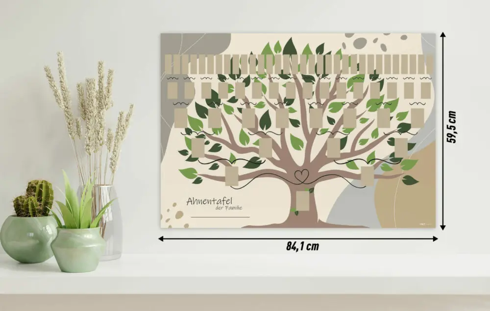 Ahnentafel Illustrierter Baum an der Wand mit Maßen zur Veranschaulichung der Größe