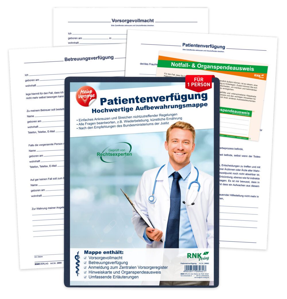 Patientenverfügung in hochwertiger Mappe für 1 Person – mit Betreuungsverfügung und Vorsorgevollmacht, 1 Stück