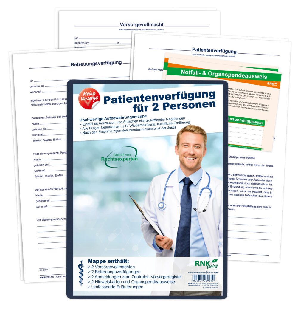 Patientenverfügung in hochwertiger Mappe für 2 Personen – mit Betreuungsverfügung und Vorsorgevollmacht, 1 Stück