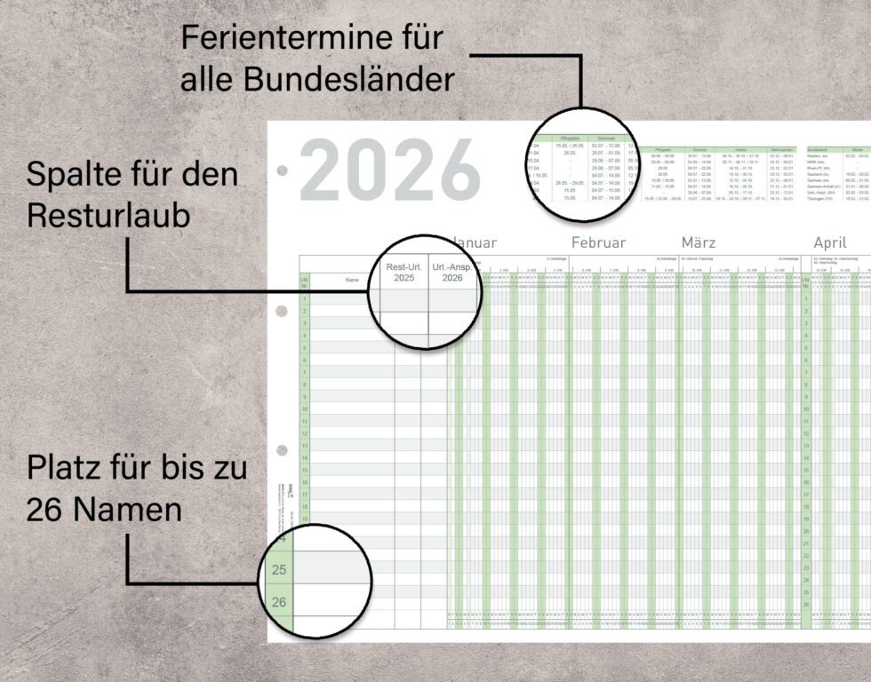 Urlaubsplaner 2026 (BxH) 1000 x 297 mm – grün, gefalzt auf DIN A4, 1