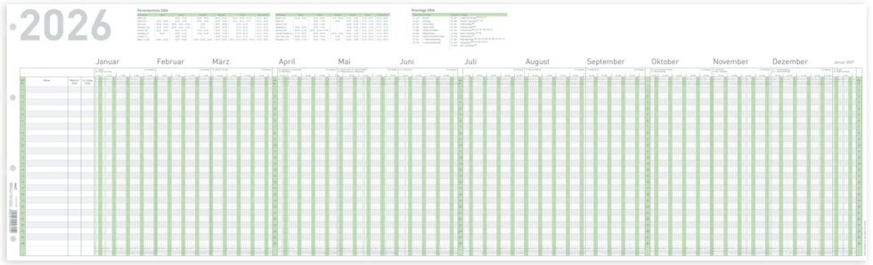Urlaubsplaner 2026 (BxH) 1000 x 297 mm – grün, gefalzt auf DIN A4, 1