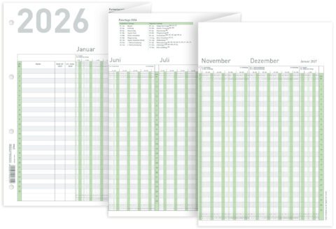 Urlaubsplaner 2026 (BxH) 1000 x 297 mm – grün, gefalzt auf DIN A4, 1