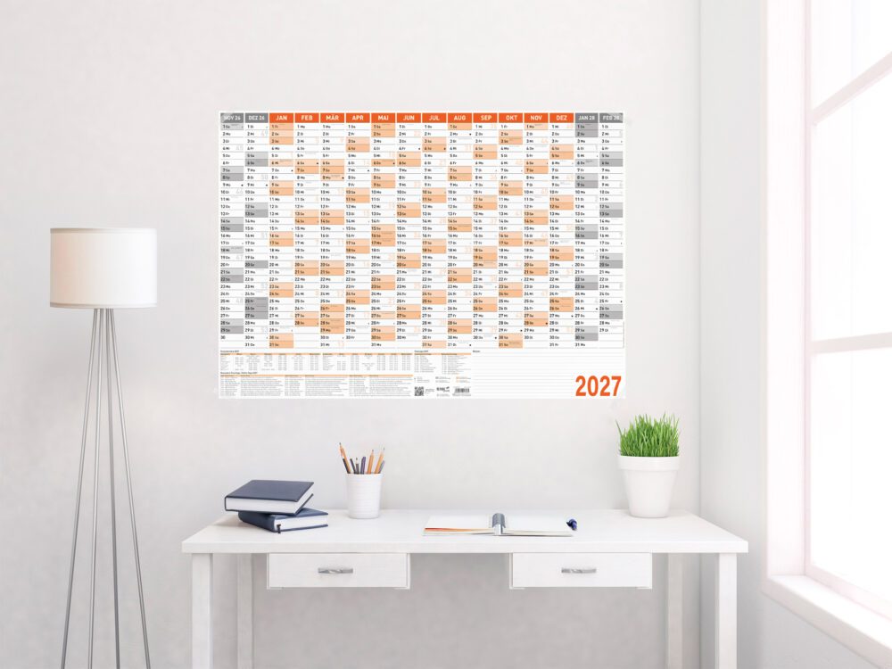 Wandkalender 2027 DIN A1 – orange, gefalzt auf DIN A4, 1 Stück | RNK Verlag