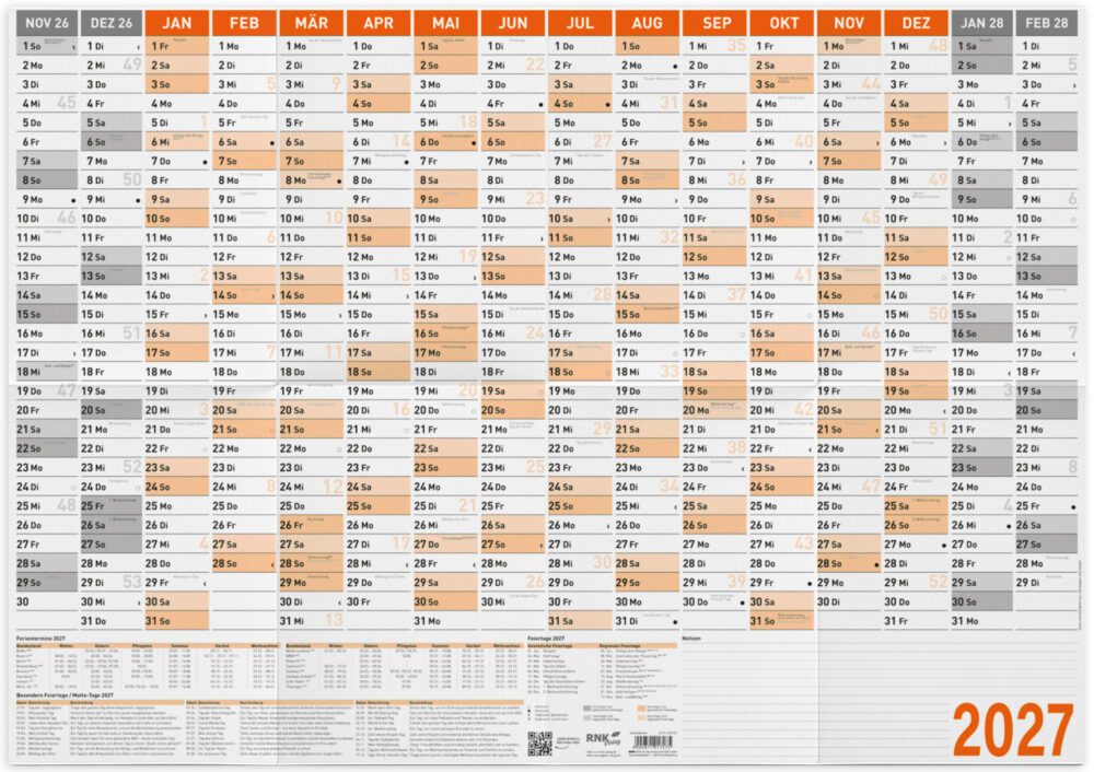 Wandkalender 2027 DIN A1 – orange, gefalzt auf DIN A4, 1 Stück