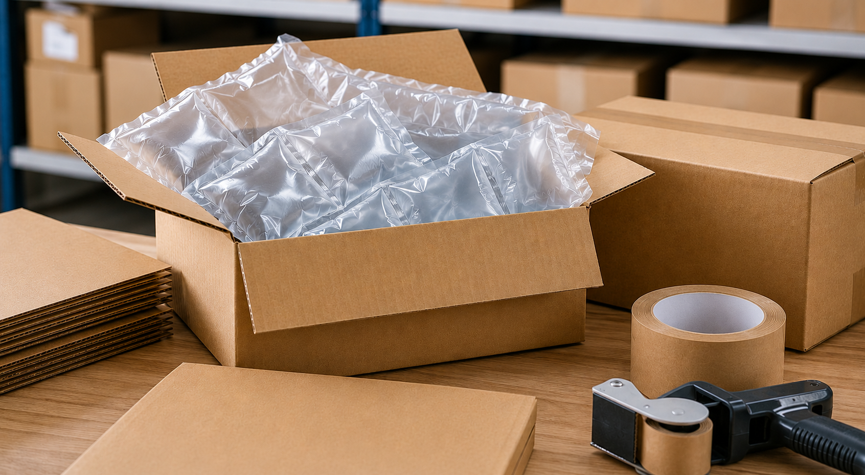 Verpackungen, Kartons und Folie im Lager
