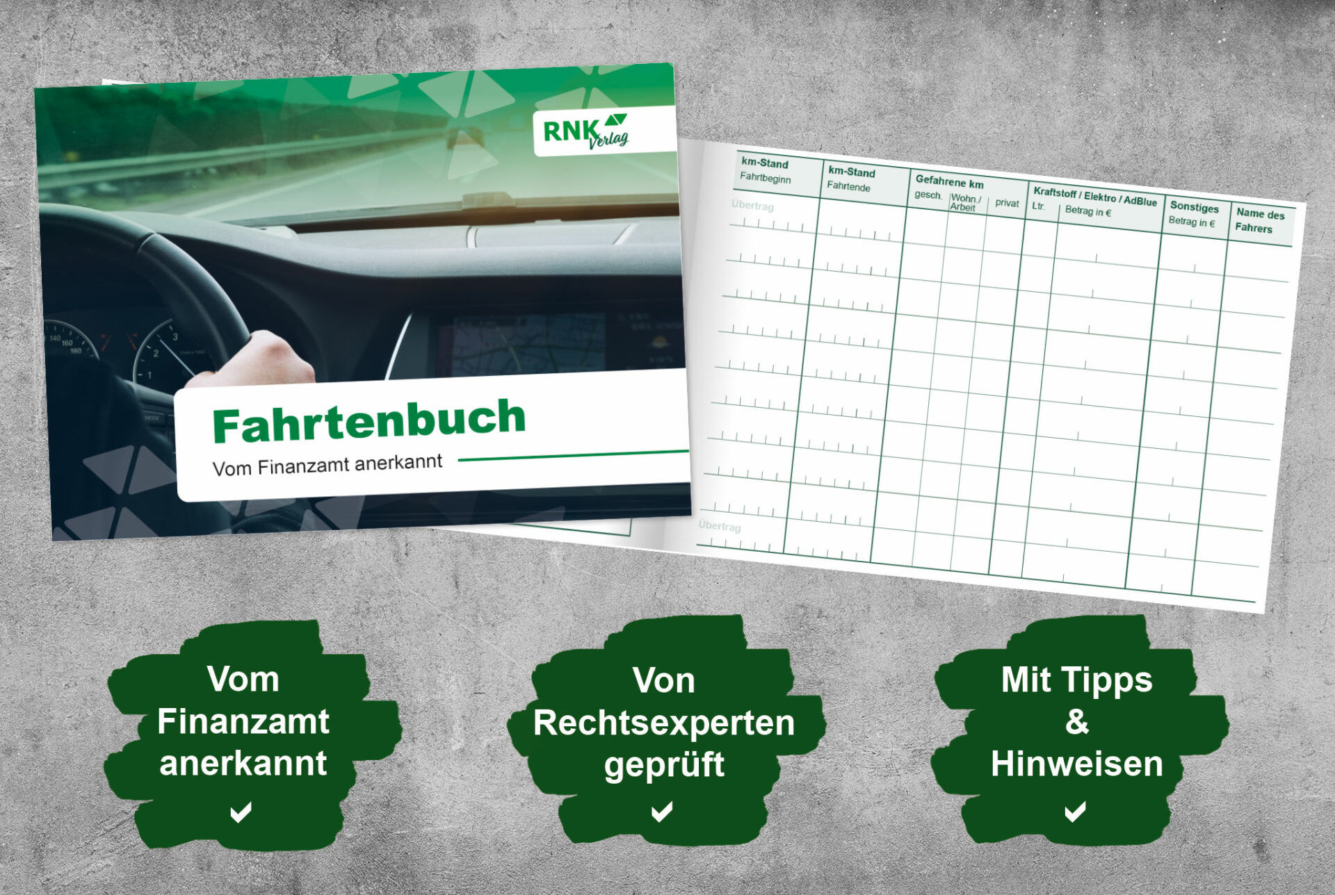 RNK Fahrtenbuch A6 quer für PKW 32 Blatt, Schema über 2 Seiten