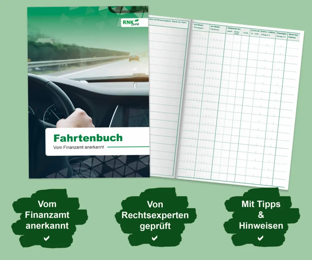 Front- und Innenansicht des Fahrtenbuches mit Infos