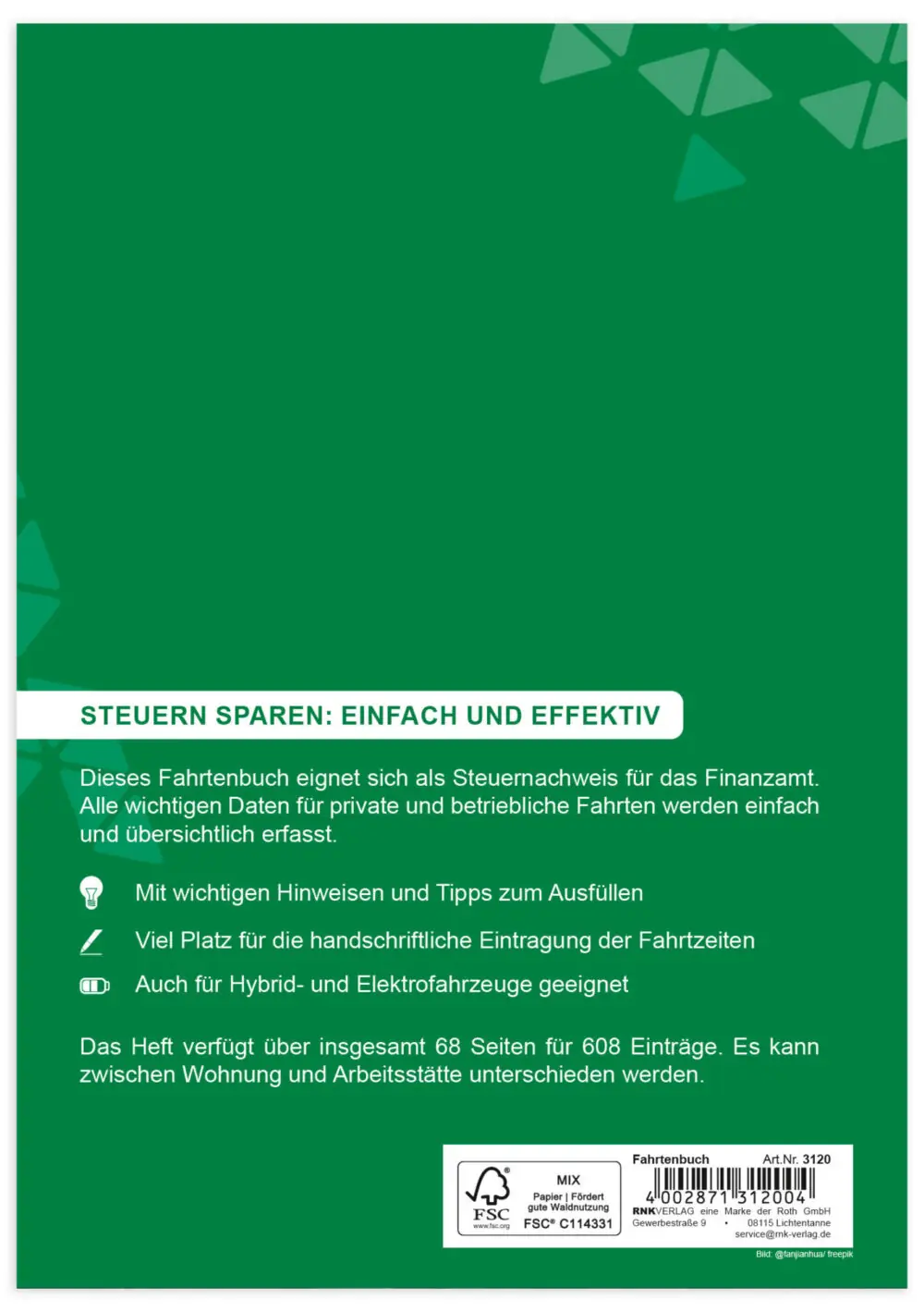 Rückseite des Fahrtenbuches mit Infos und Herstellerdaten