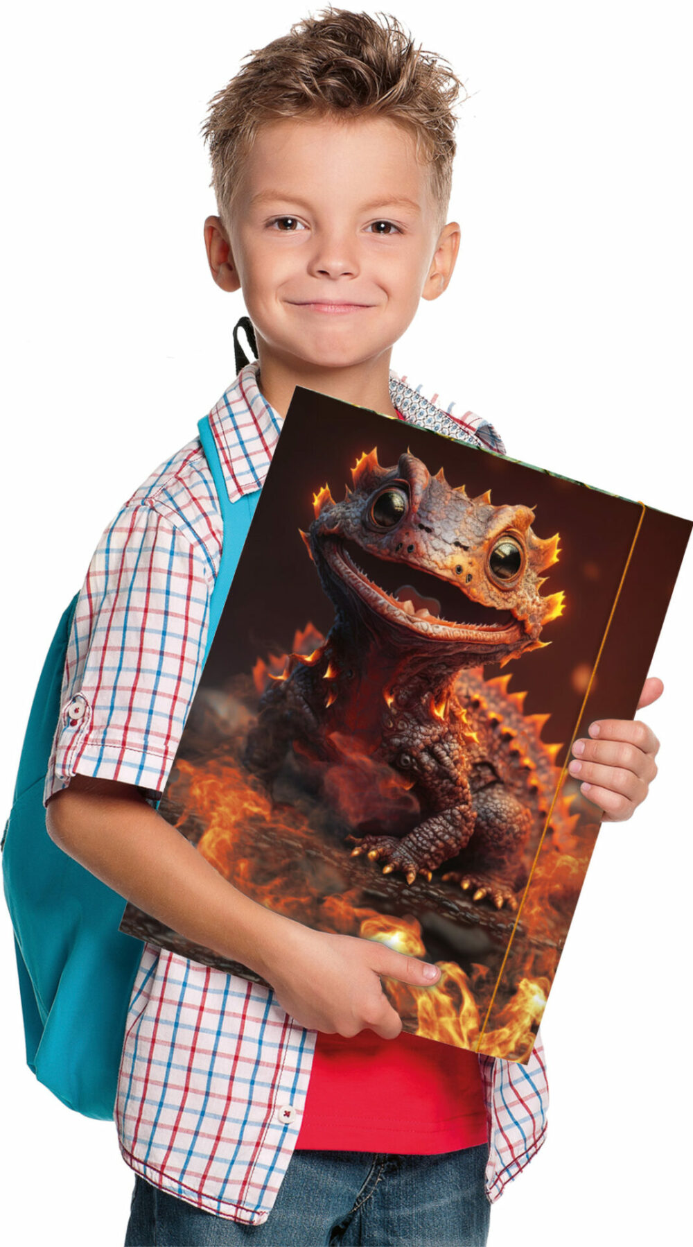 Junge hält Zeichenmappe mit Motiv Dragon