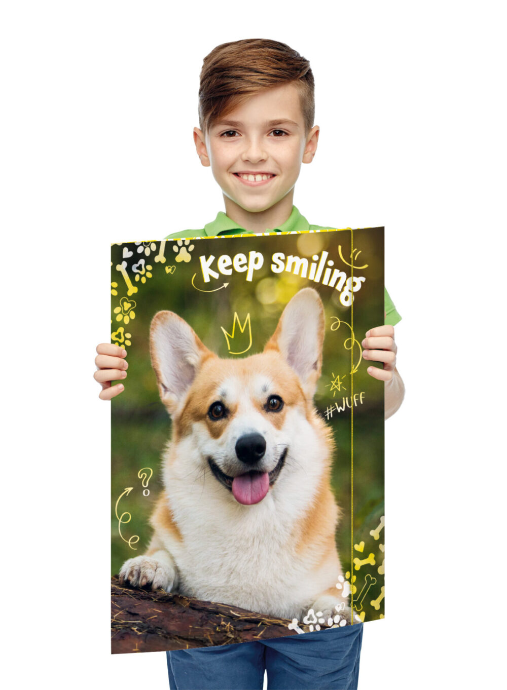 Junge hält die Zeichenmappe Corgi in der Hand