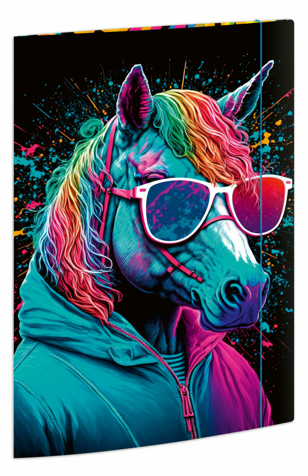 Sammelmappe Motiv Neon DIN A4 mit einem bunten Pferd mit Sonnenbrille