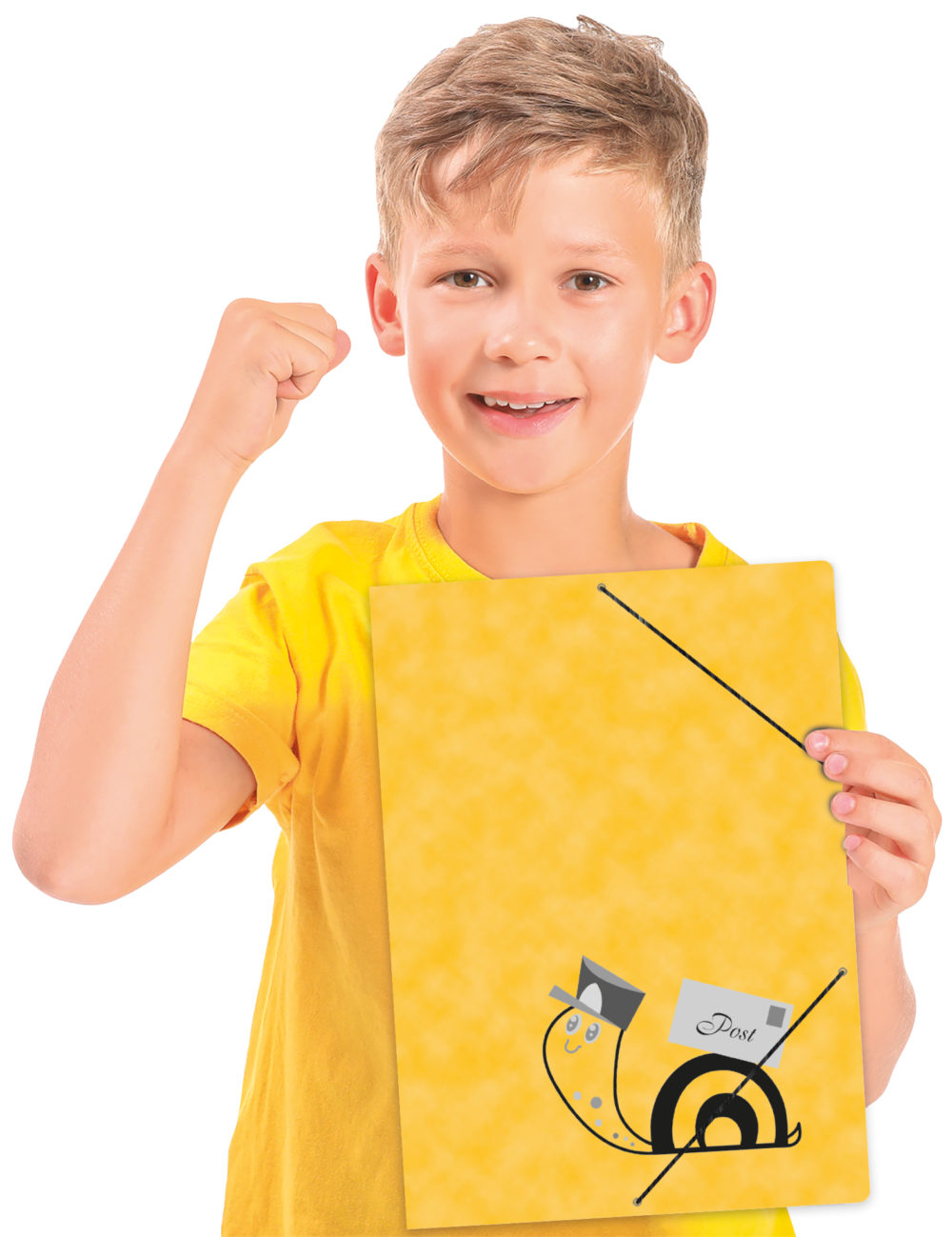 Ein Junge hält die Postmappe vom RNK Verlag mit dem Motiv "Schnecke"