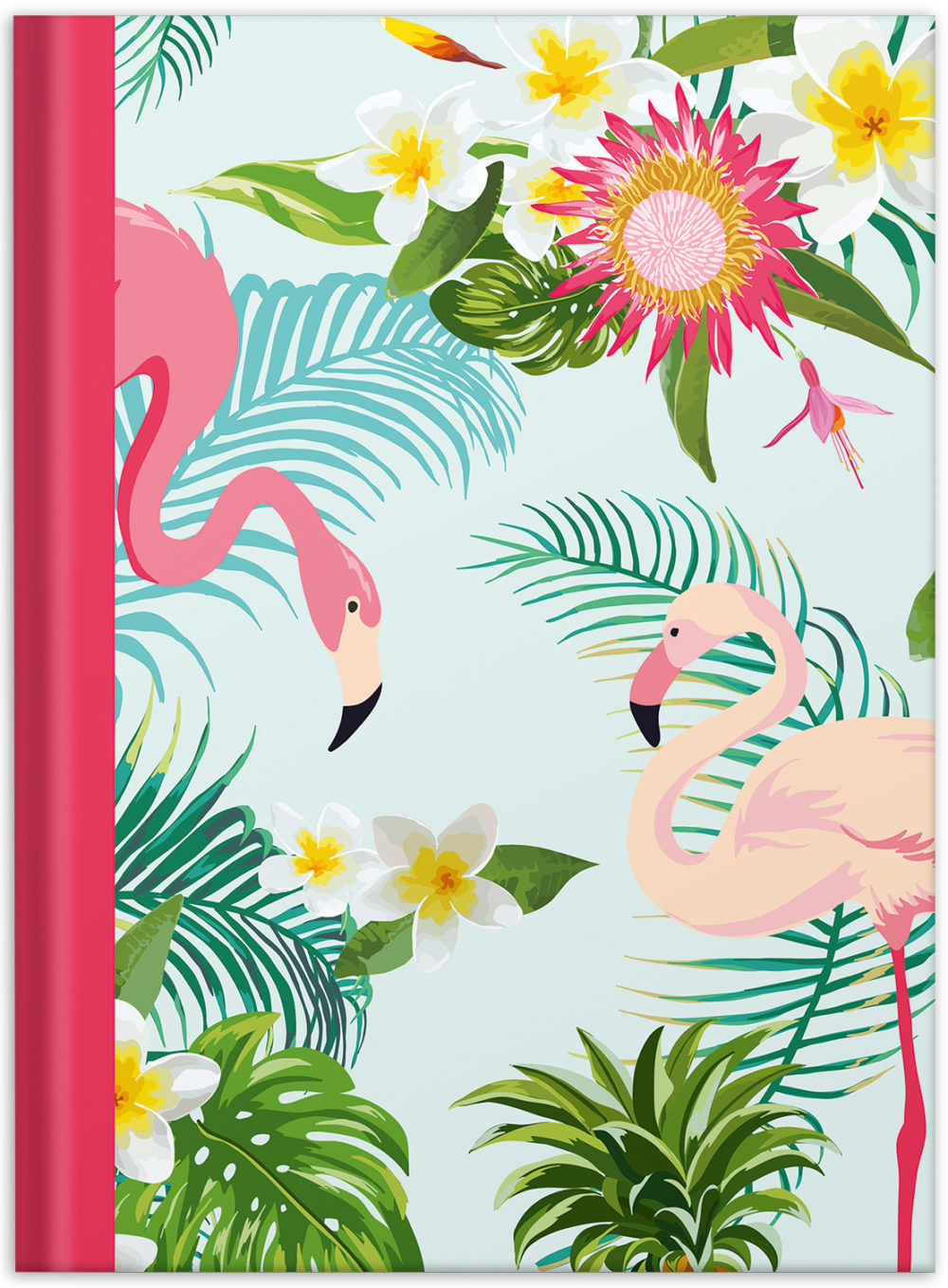 Notizbuch "Flamingo pink" Vorderseite mit Blumen und Flamingos