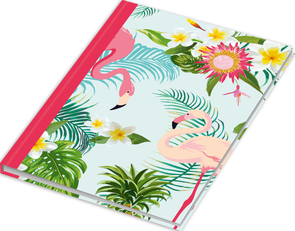 Notizbuch "Flamingo pink" seitliche Ansicht mit Blumen und Flamingos