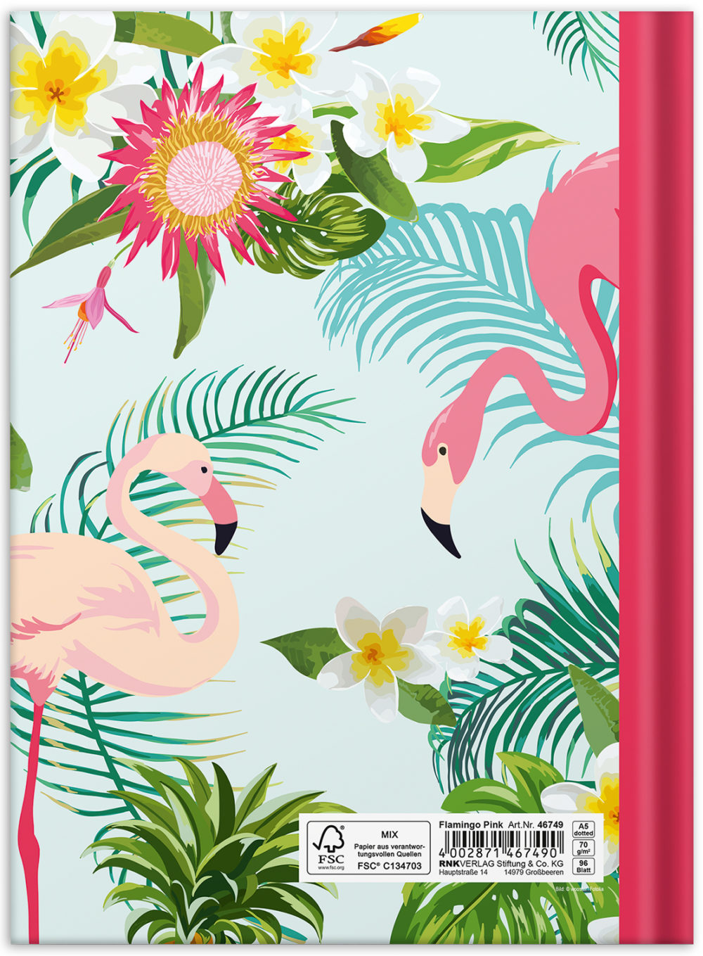Notizbuch "Flamingo pink" Rückseite mit Blumen und Flamingos