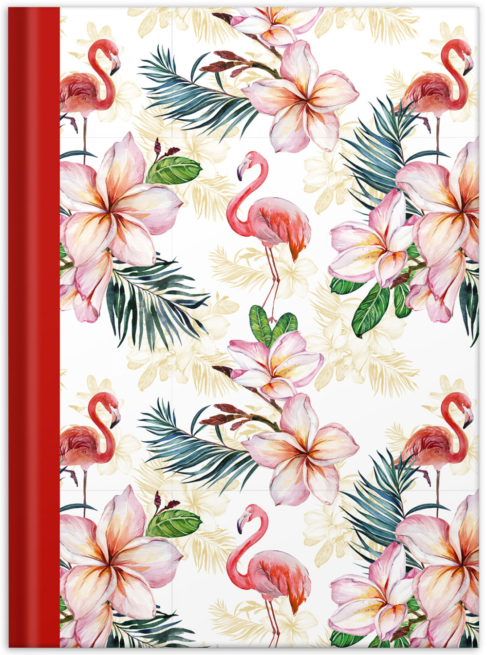 Notizbuch "Flamingo rot" Vorderseite mit Flamingos und Blumen