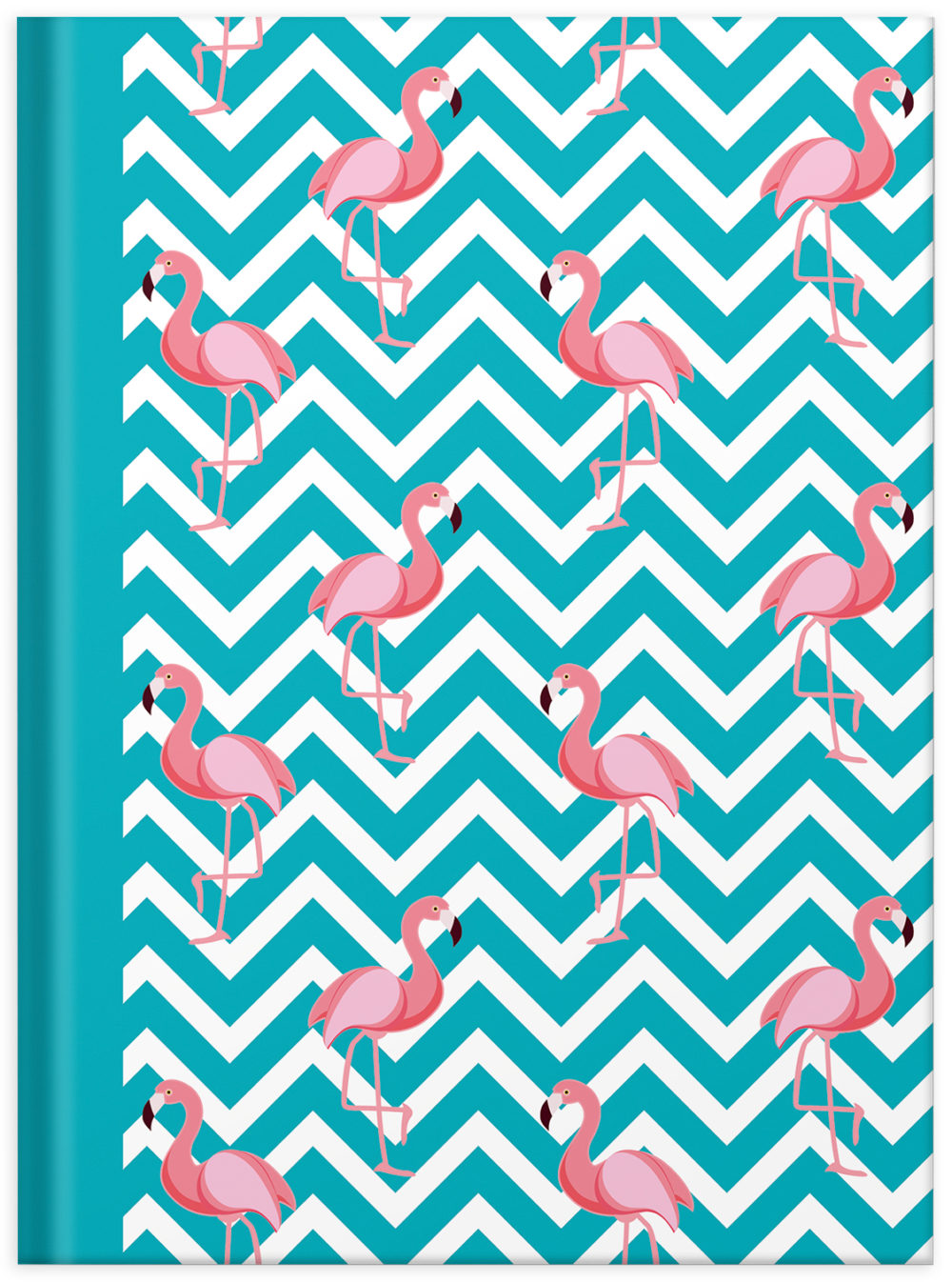 Notizbuch "Flamingo blau" Vorderansicht mit Flamingos und Muster