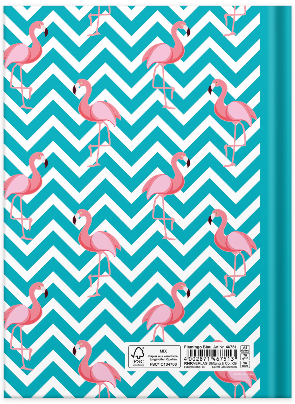 Notizbuch "Flamingo blau" Rückseite mit Flamingos und Muster
