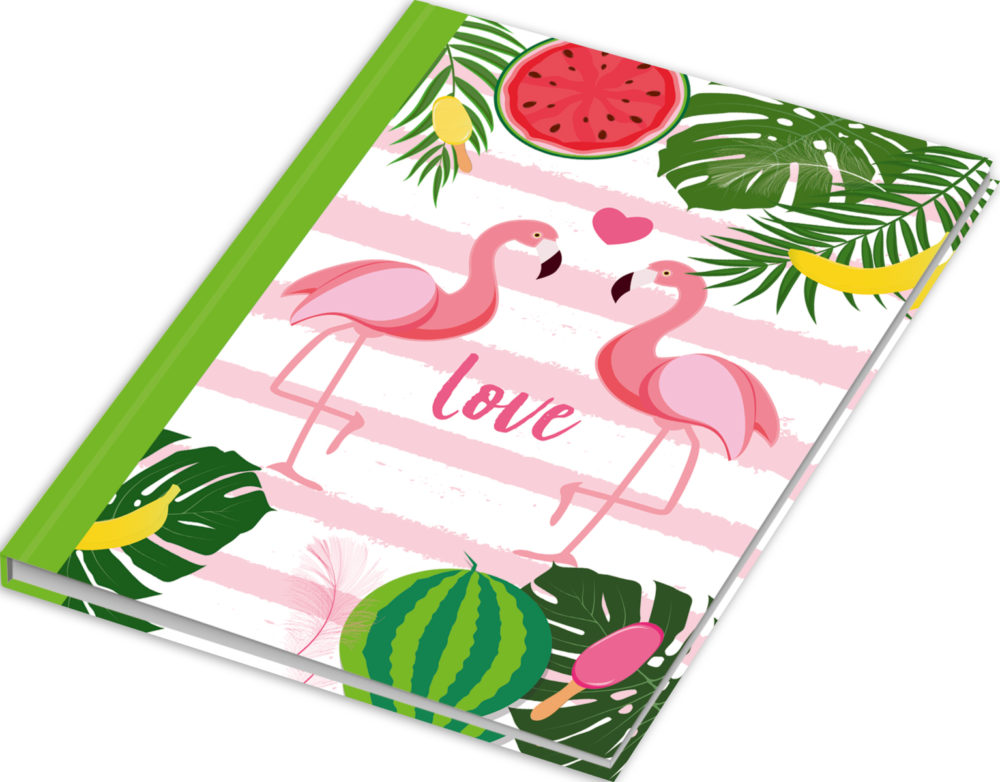 Notizbuch "Flamingo grün" Vorderseite mit zwei Flamingos