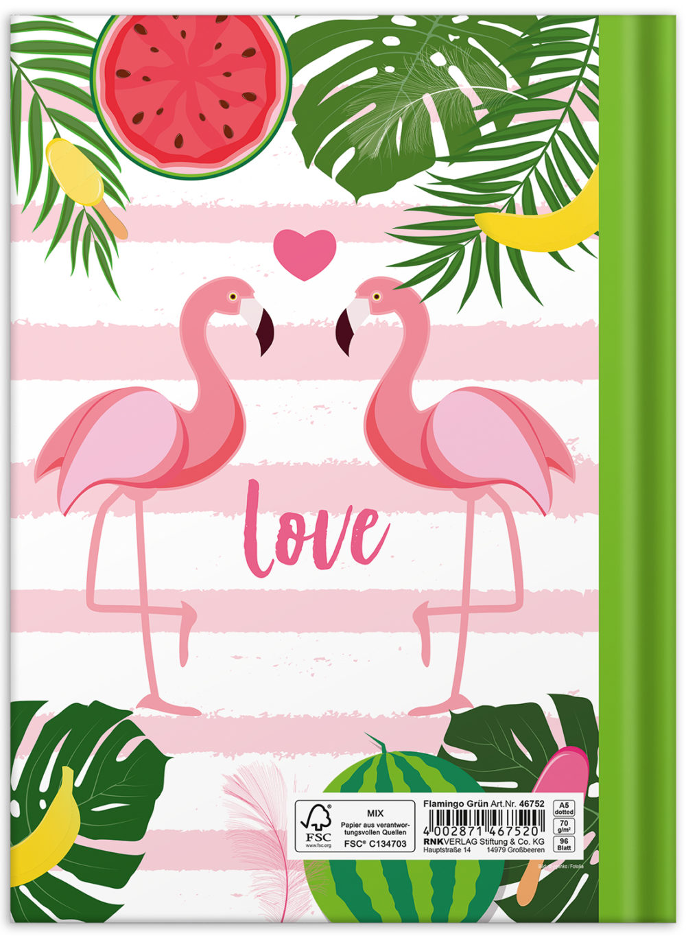 Notizbuch "Flamingo grün" Rückseite mit zwei Flamingos