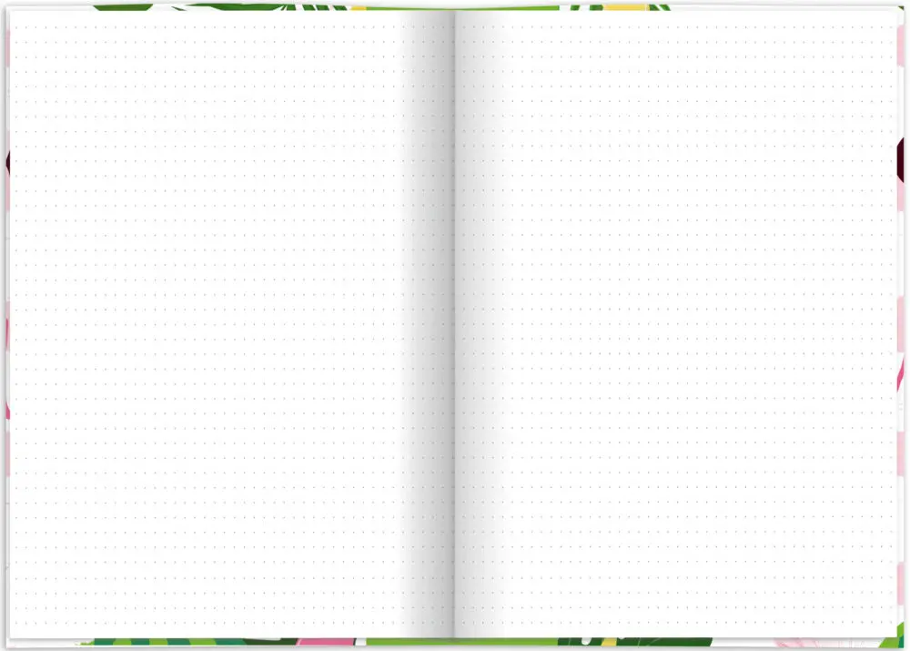 Notizbuch "Flamingo grün" aufgeklappt Lineatur: dotted
