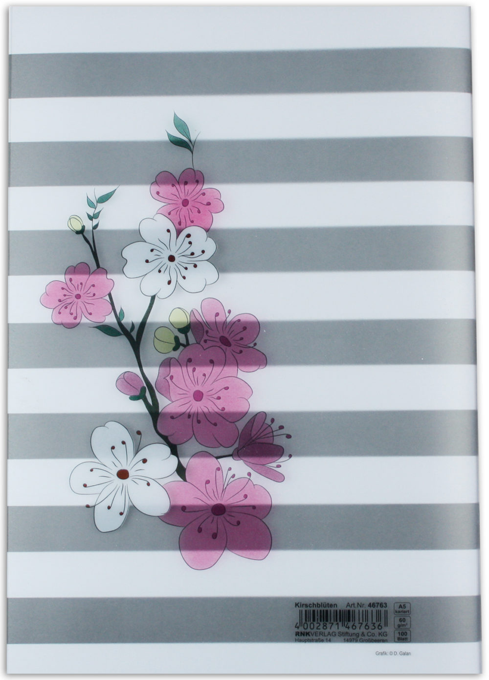 Heft "Kirschblüten" im PP Umschlag Rückseite gestreift mit Kirschblüten
