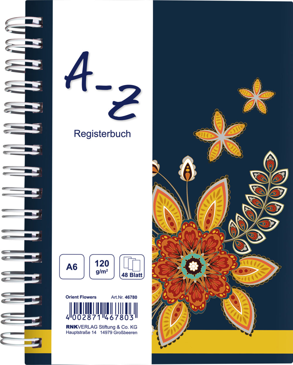 Notizbuch mit Register A-Z "Orient Flowers" Vorderseite mit einer Blume