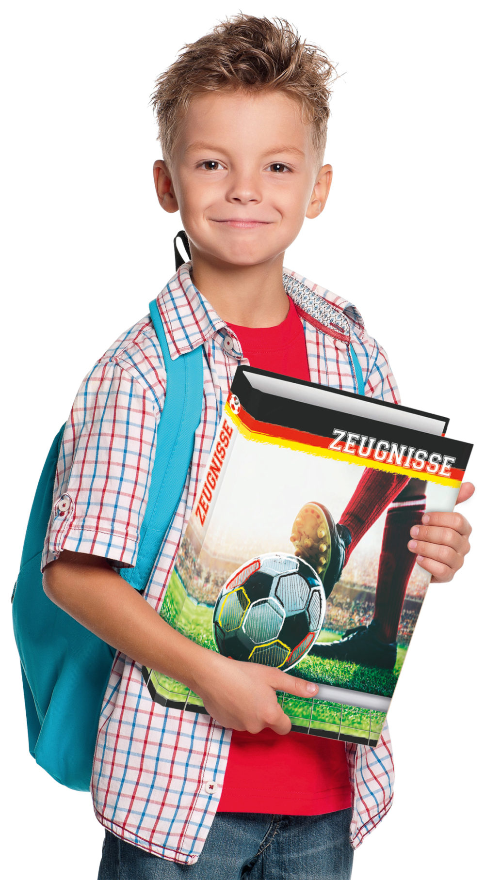 Ein Junge hält das Zeugnisringbuch "Fußballfieber"