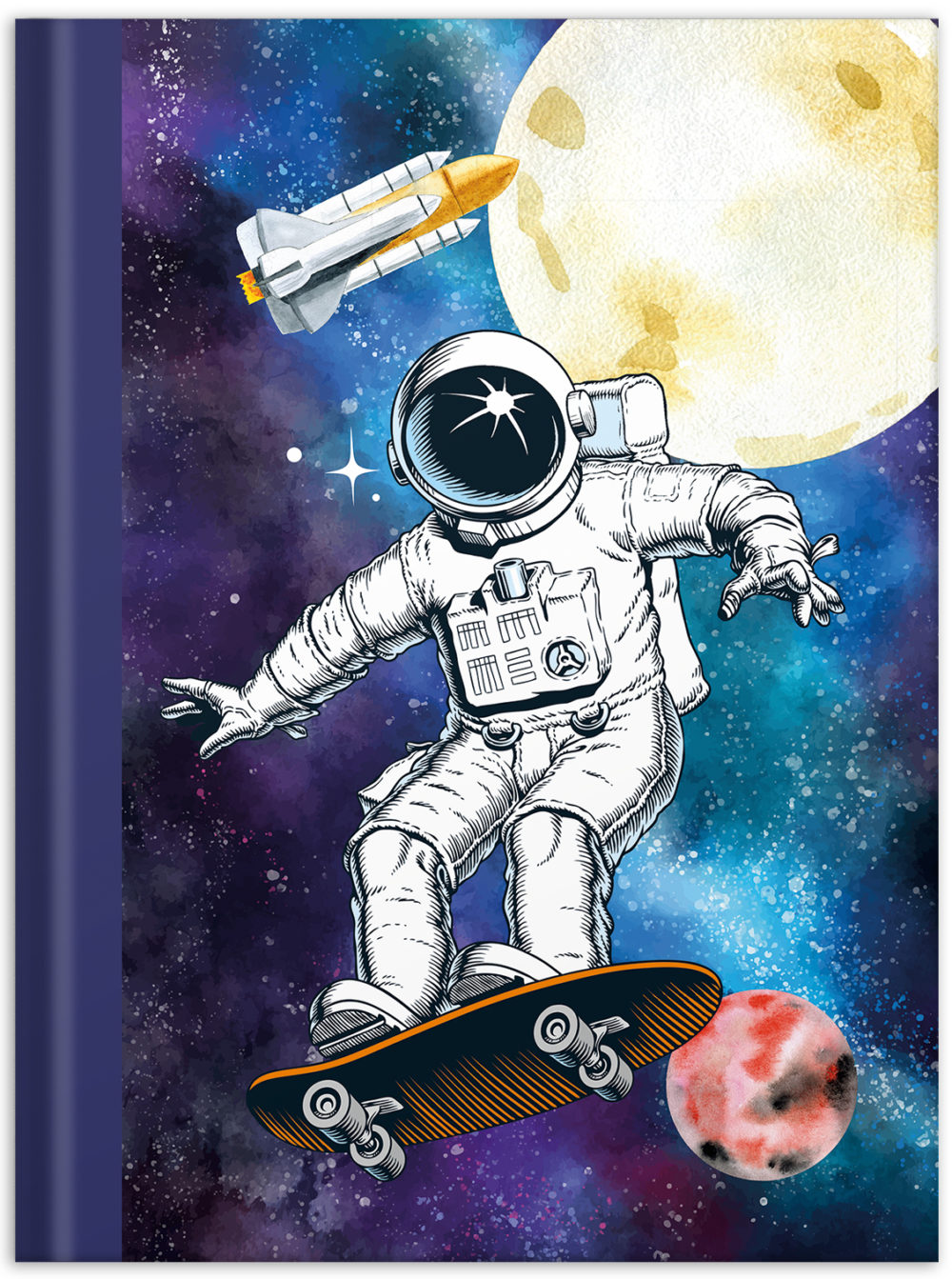 Notizbuch "Skatonaut" mit einem Astronauten auf einem Skateboard im Weltall