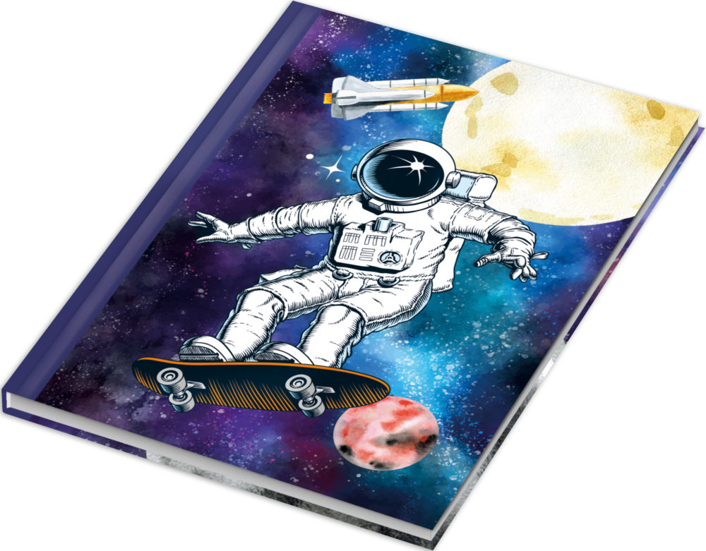 Notizbuch "Skatonaut" mit einem Astronauten auf einem Skateboard im Weltall