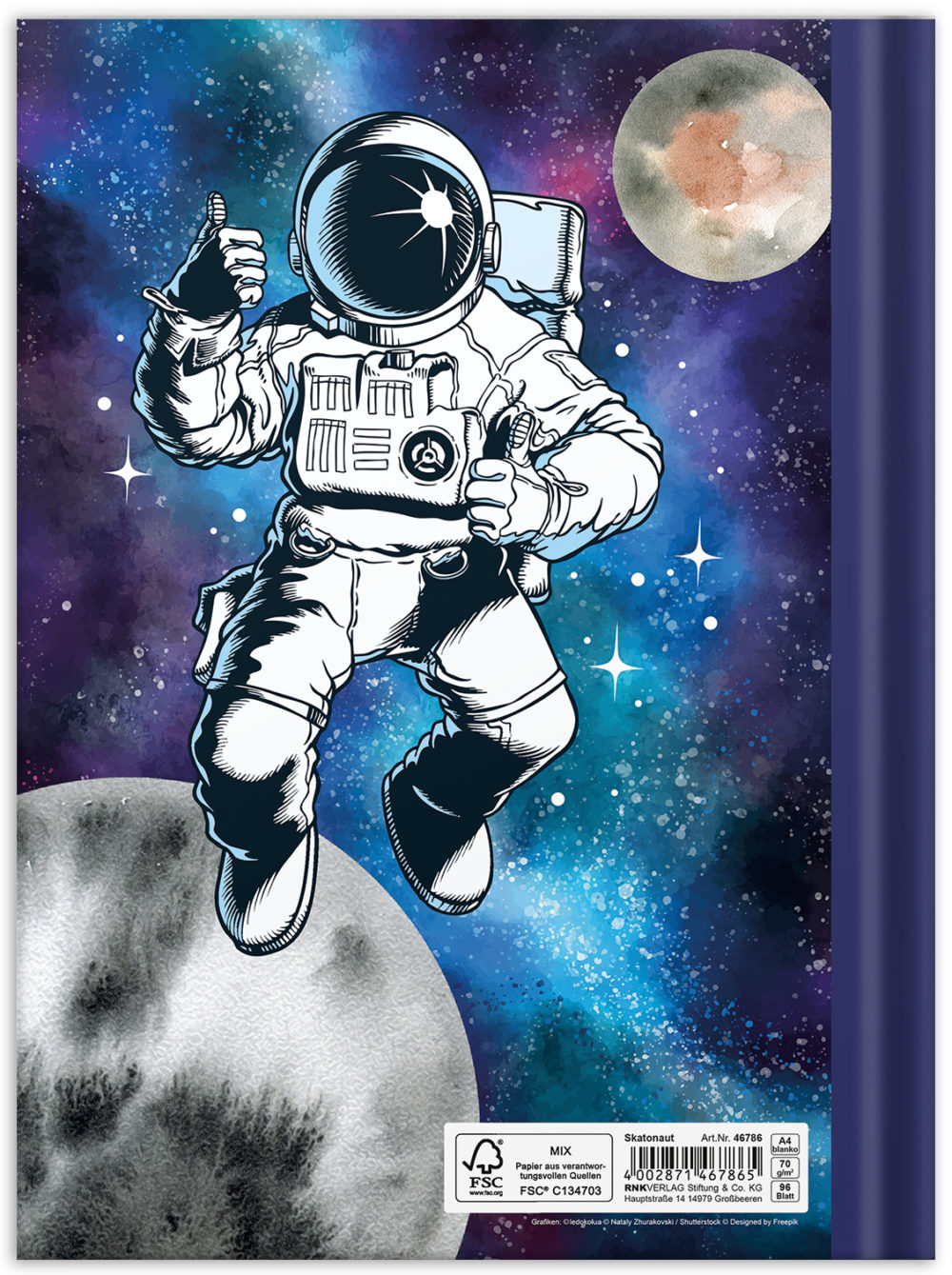 Notizbuch "Skatonaut" mit einem Astronauten im Weltall