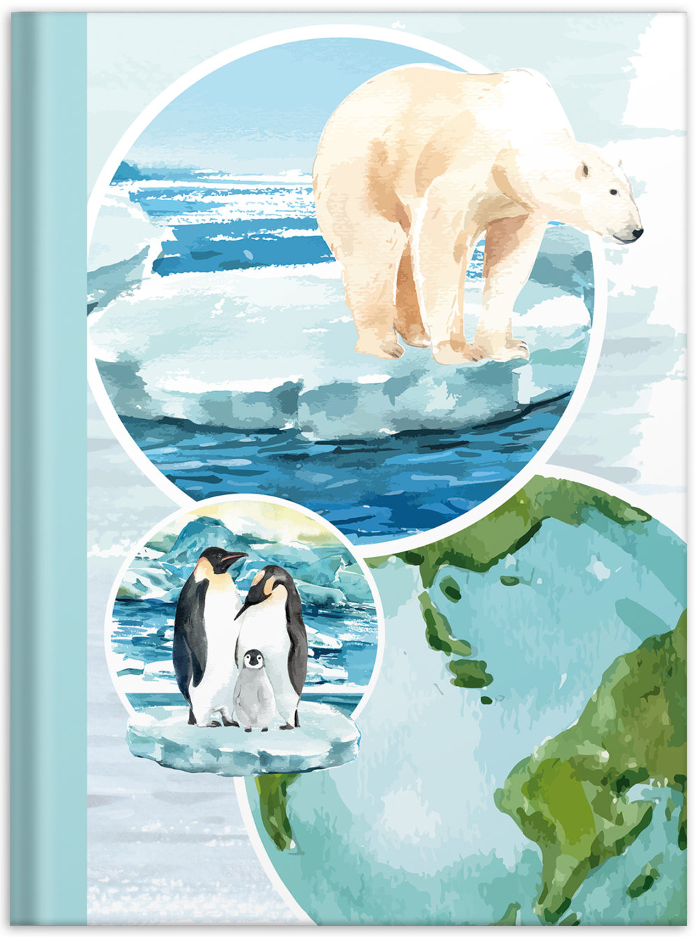 Notizbuch "Planet" Vorderseite mit Eisbären und Pinguinen