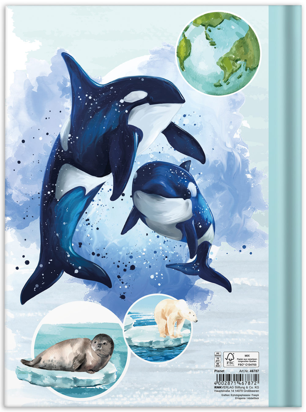Notizbuch "Planet" mit Orcas auf der Rückseite