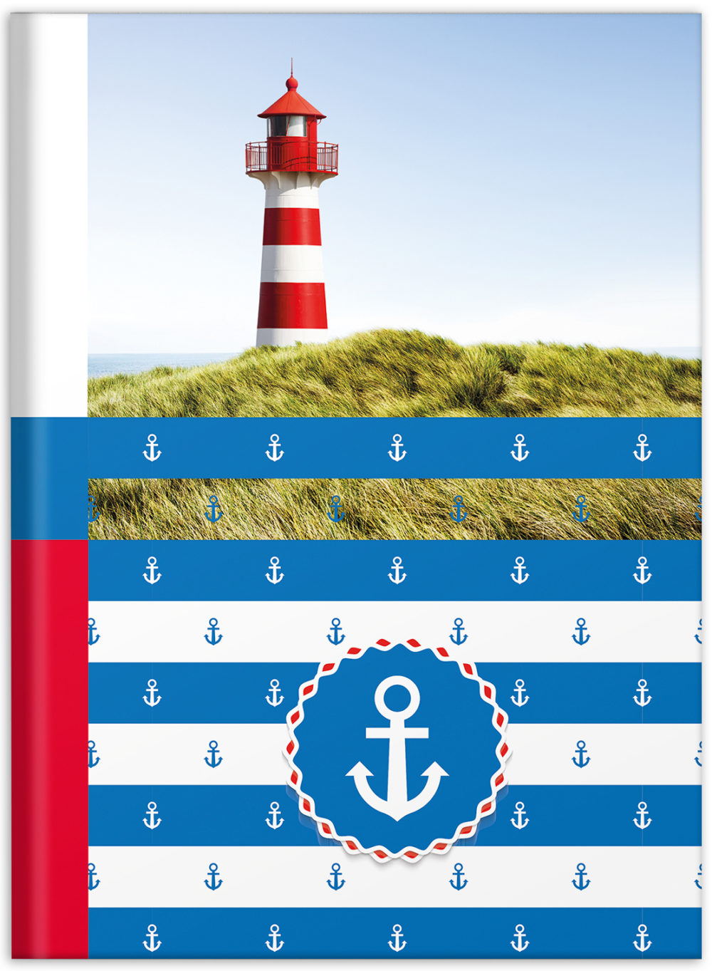 Notizbuch "Maritim" Vorderseite mit Leuchtturm und Streifen