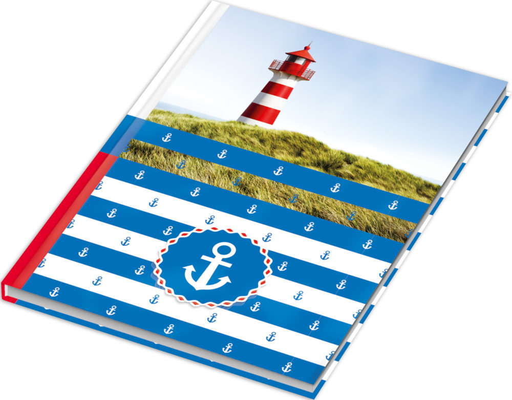 Notizbuch "Maritim" mit einem Leuchtturm und gestreiften Muster