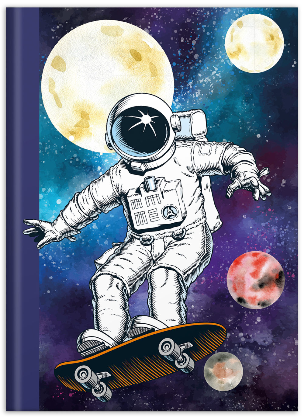 Notizbuch "Skatonaut" mit einem Astronauten auf einem Skateboard im Weltall