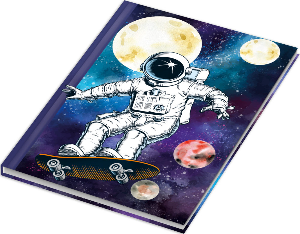 Notizbuch "Skatonaut" mit einem Astronauten auf einem Skateboard im Weltall