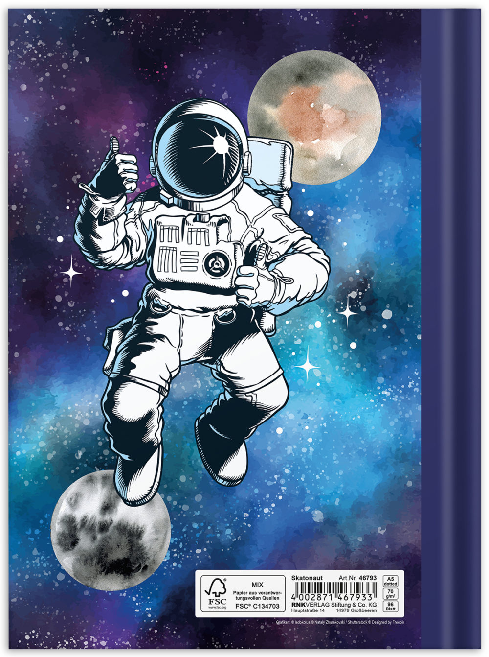 Notizbuch "Skatonaut" mit einem Astronauten im Weltall