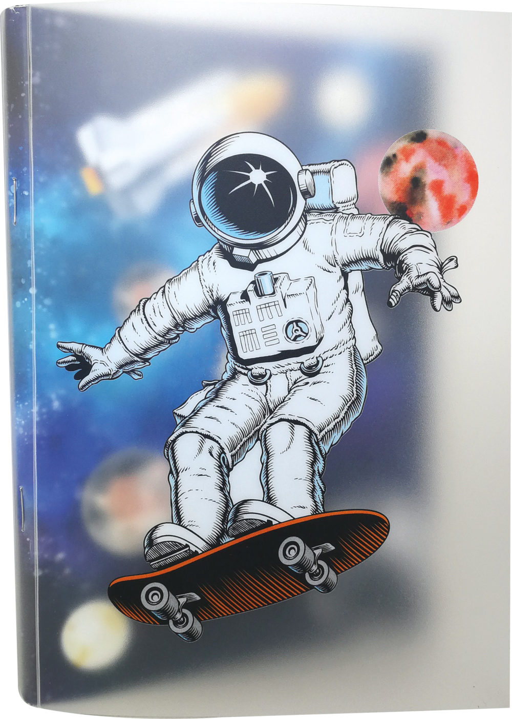 Softcover-Heft "Skatonaut" mit einem Astronauten drauf, der sich auf den Hintergrund ergänzt