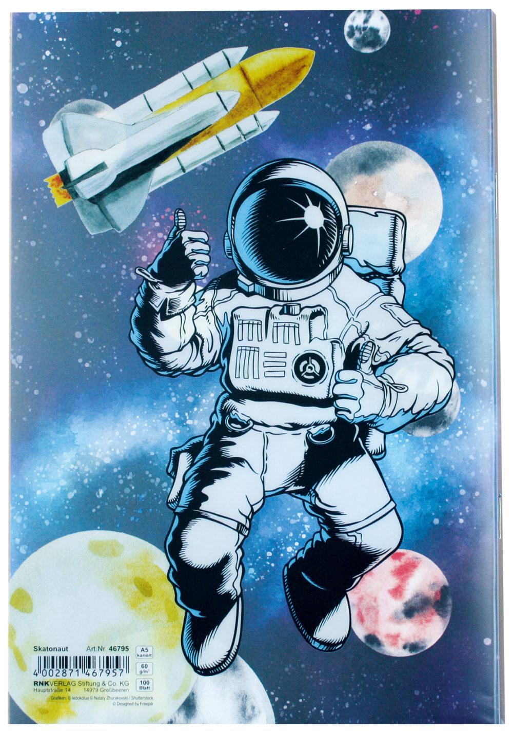 Softcover-Heft "Skatonaut" mit einem Astronauten drauf, der sich auf den Hintergrund ergänzt